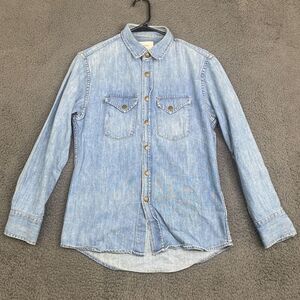 Billy Reid Shoals Denim Shirt Men’s XS Blue Jean Brass Snap Flap Pockets Classic
